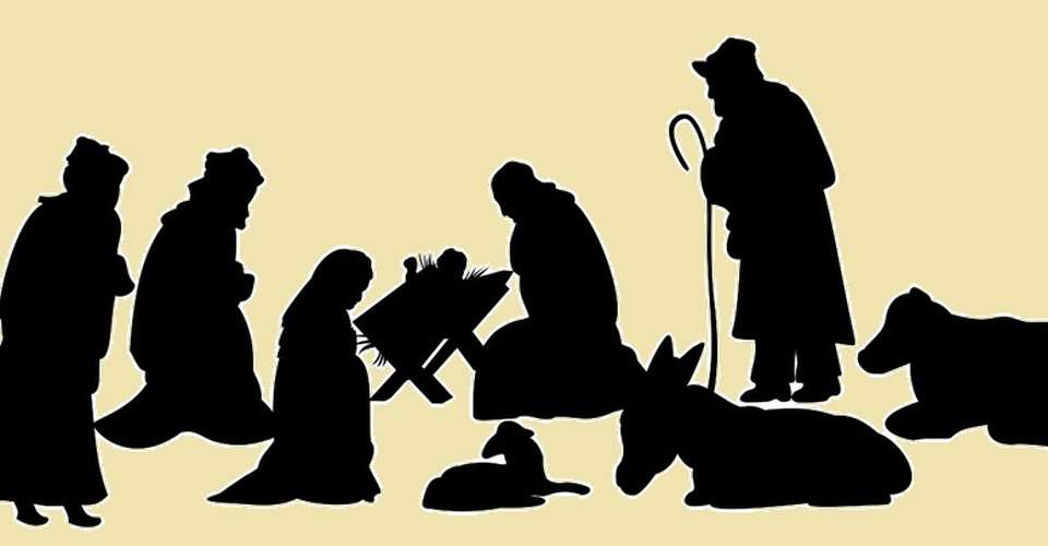 Gimimo istorijos siluetas su magais ir gyvūnais, sėdinčiais aplink Mariją, Juozapą ir naujagimį Išganytoją.